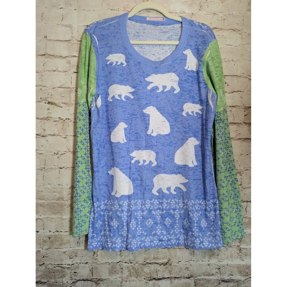 Before + Again Thermal Top Womens XL Blue & Green Polar Bear Printed Lightweight